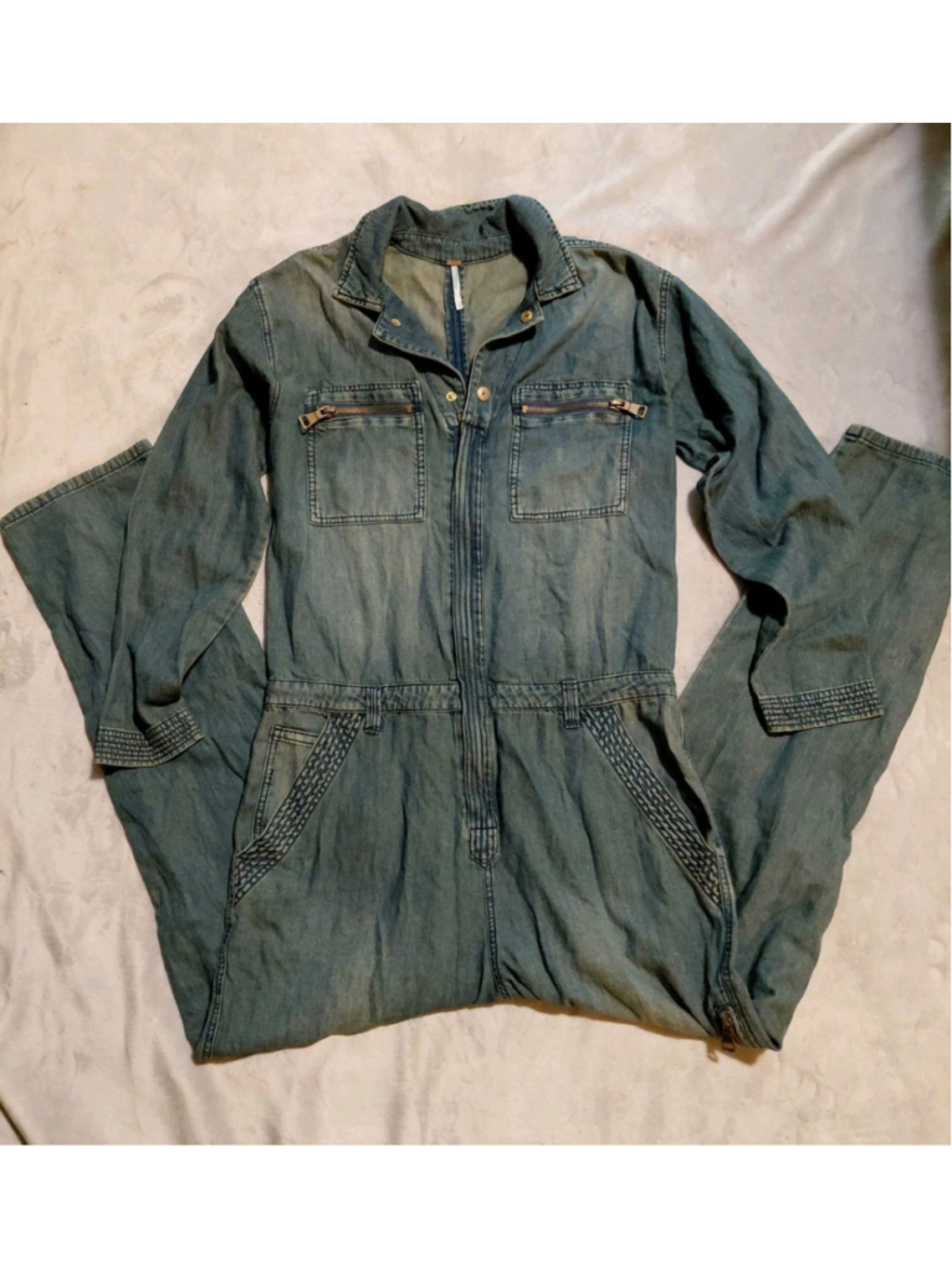 We The Free Soft Denim Jumpsuit Free People Blue Long Sleeve Flight Suit Size 29